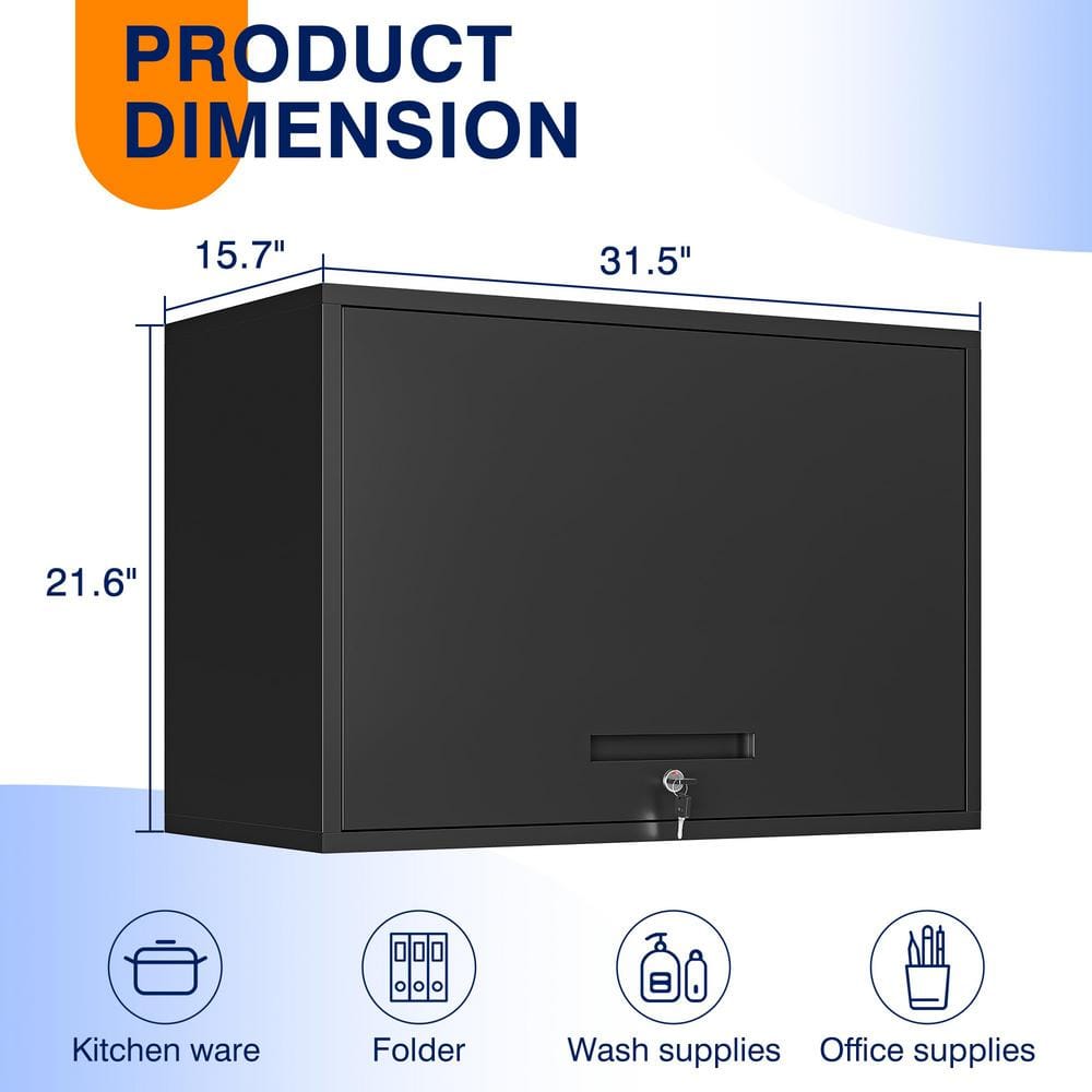 Black 31.5 in. W x 21.6 in. H x 15.7 in. D Steel Garage Wall Cabinet with 2 Shelves Tool Cabinet for Basement Warehouse
