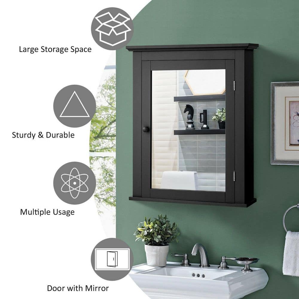 WELLFOR 22 in. W x 27 in. H Rectangular Black MDF Surface Mount Medicine Cabinet with Mirror