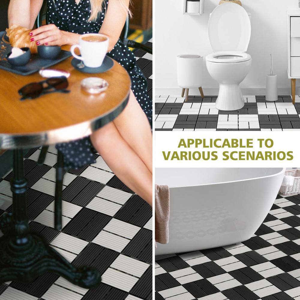Angel Sar 12 in. x 12 in. x 0.8 in. 6 Pcs White Black Composite Patio Deck Tiles, DIY Wood Plastic Interlocking Decking Tiles
