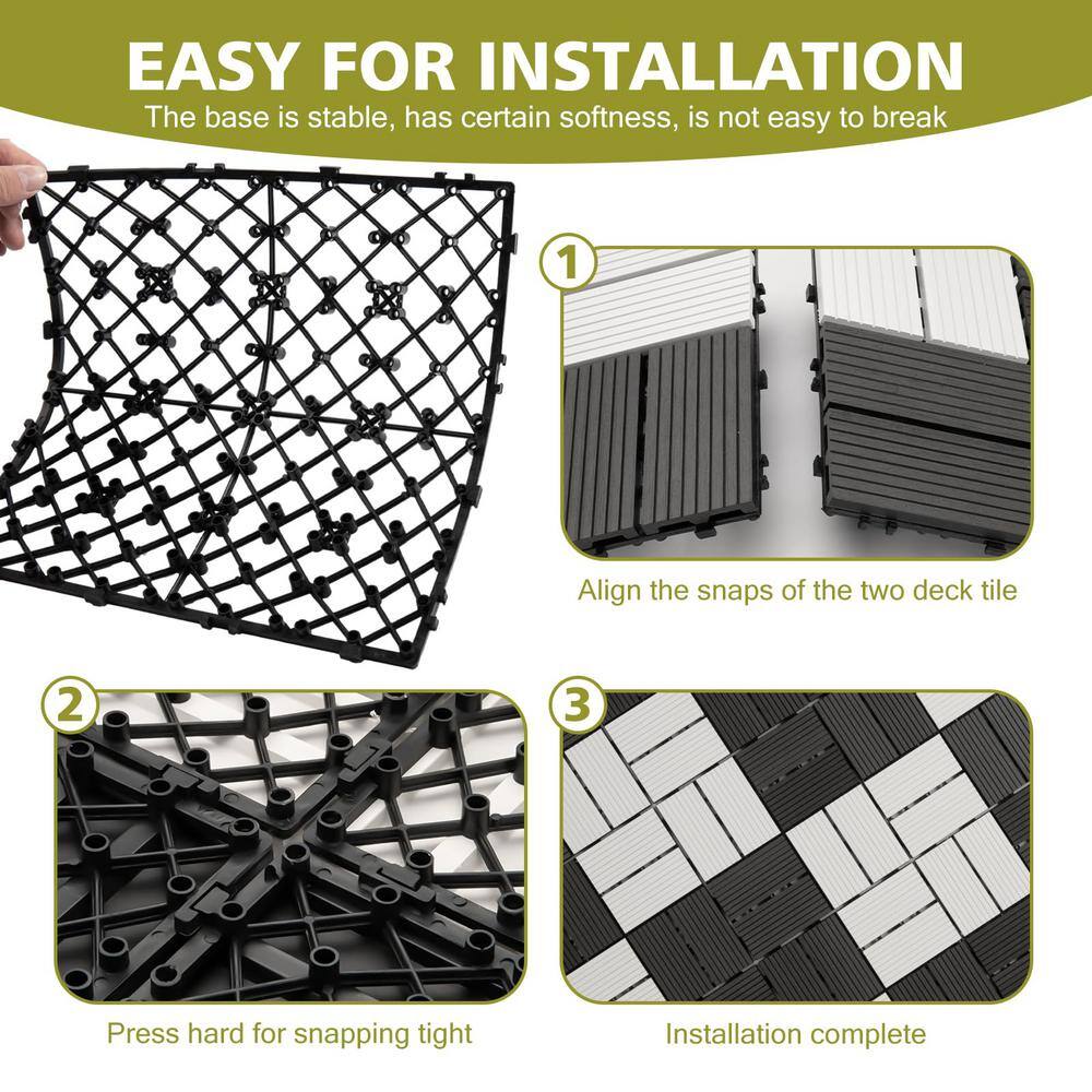 Angel Sar 12 in. x 12 in. x 0.8 in. 6 Pcs White Black Composite Patio Deck Tiles, DIY Wood Plastic Interlocking Decking Tiles