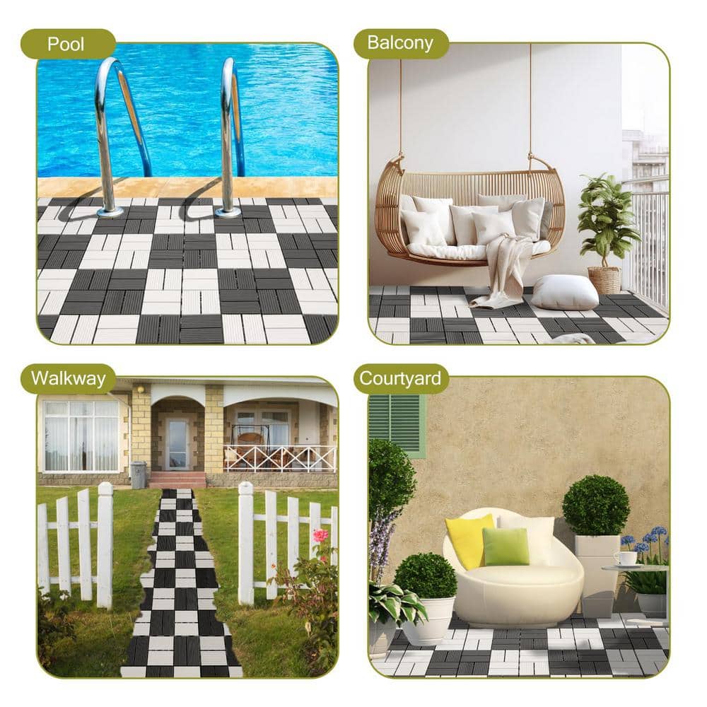 Angel Sar 12 in. x 12 in. x 0.8 in. 6 Pcs White Black Composite Patio Deck Tiles, DIY Wood Plastic Interlocking Decking Tiles