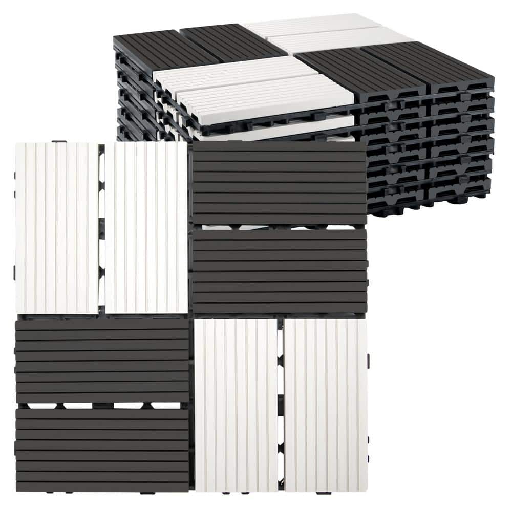 Angel Sar 12 in. x 12 in. x 0.8 in. 6 Pcs White Black Composite Patio Deck Tiles, DIY Wood Plastic Interlocking Decking Tiles