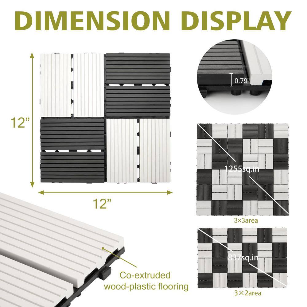 Angel Sar 12 in. x 12 in. x 0.8 in. 6 Pcs White Black Composite Patio Deck Tiles, DIY Wood Plastic Interlocking Decking Tiles