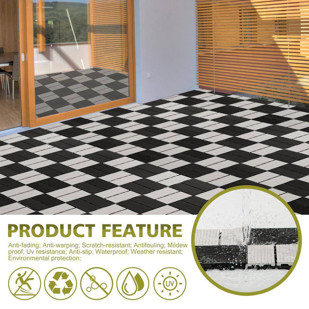 Angel Sar 12 in. x 12 in. x 0.8 in. 6 Pcs White Black Composite Patio Deck Tiles, DIY Wood Plastic Interlocking Decking Tiles