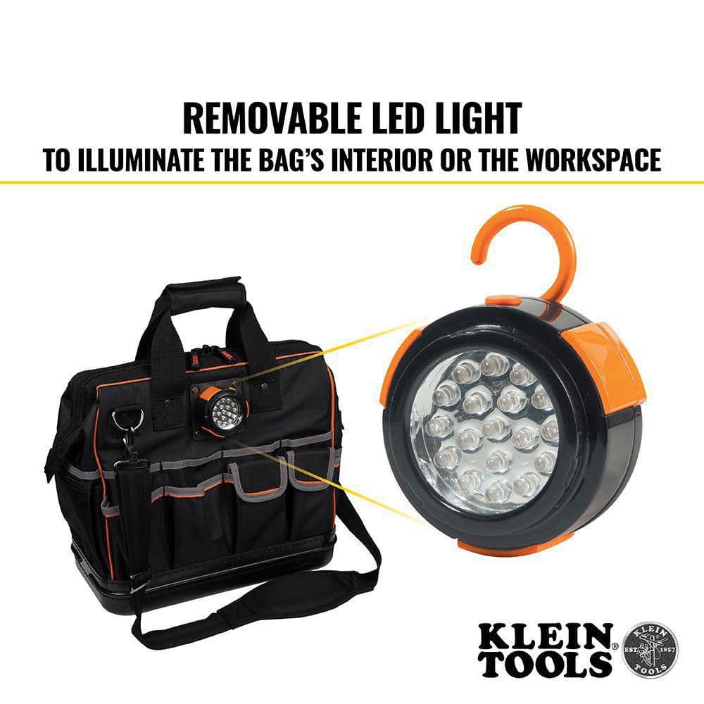 Klein Tools Tradesman Pro Lighted Tool Bag, 31 Pockets, 15.25 x 14 x 8 in (Model 55431)