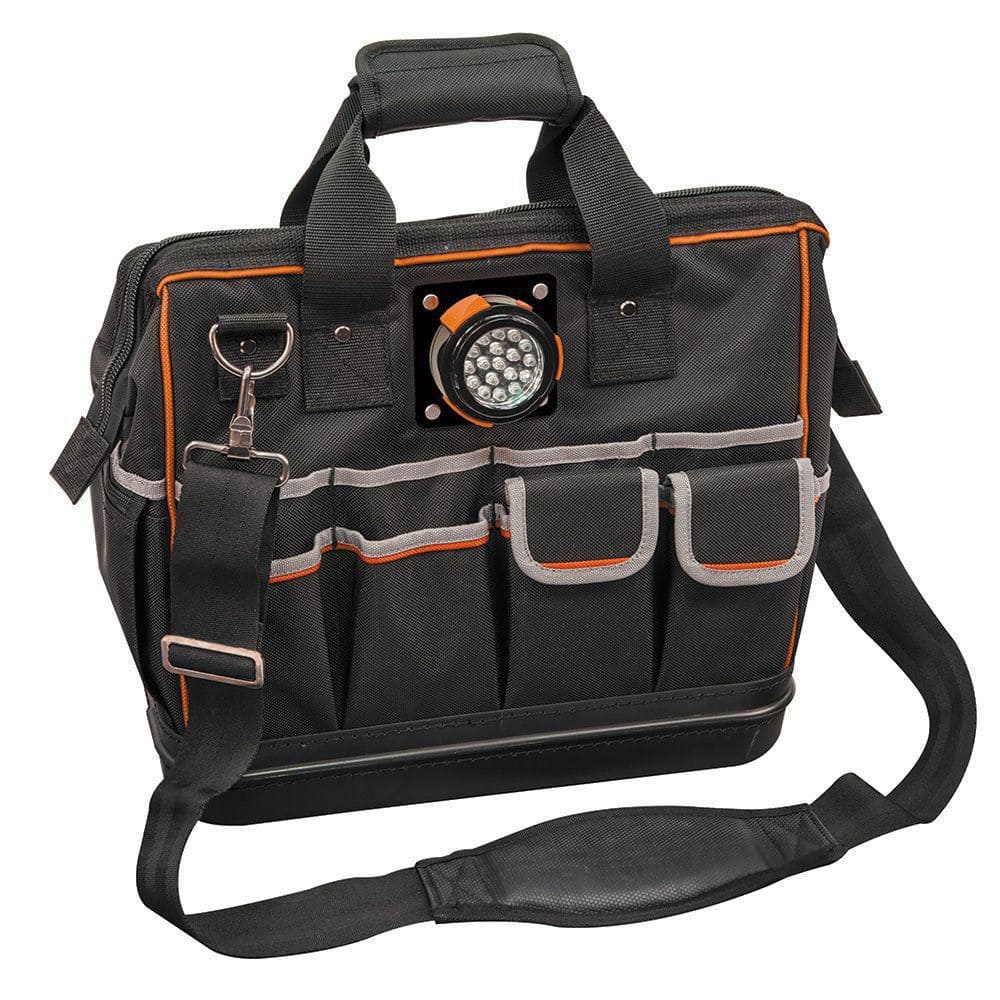 Klein Tools Tradesman Pro Lighted Tool Bag, 31 Pockets, 15.25 x 14 x 8 in (Model 55431)