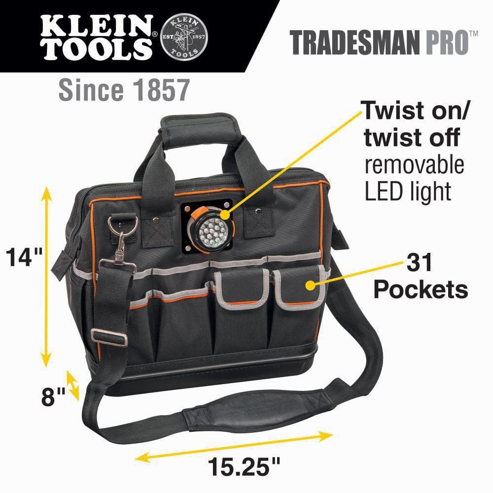 Klein Tools Tradesman Pro Lighted Tool Bag, 31 Pockets, 15.25 x 14 x 8 in (Model 55431)