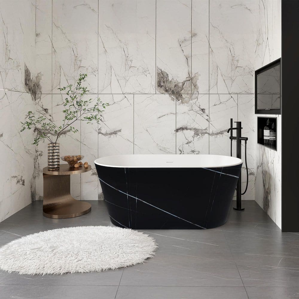 AKDY 53.9 in. Fiberglass Flatbottom Freestanding Bathtub, Solid Matte Black Inside and Outside