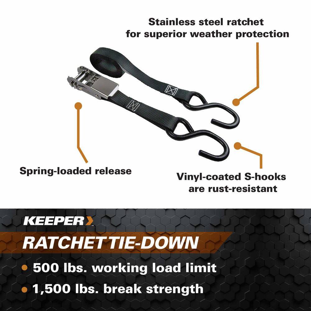 Keeper 8 ft. x 1 in. Stainless Steel Ratchet Tie-Down Straps, 500 lbs. WLL (2-Pack)