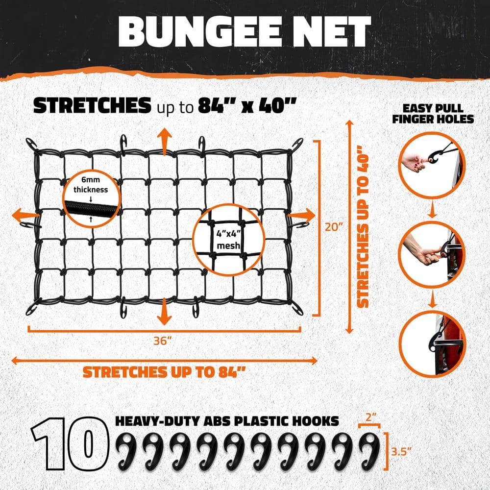 Mockins 20 in. x 36 in. Heavy-Duty Bungee Cargo Net - Stretches to 42 in. x 74 in.