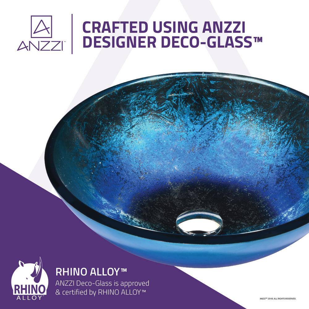ANZZI Chilasa Series 16.5 in. Round Blue Glass Bathroom Vessel Sink with Chrome Pop-Up Drain