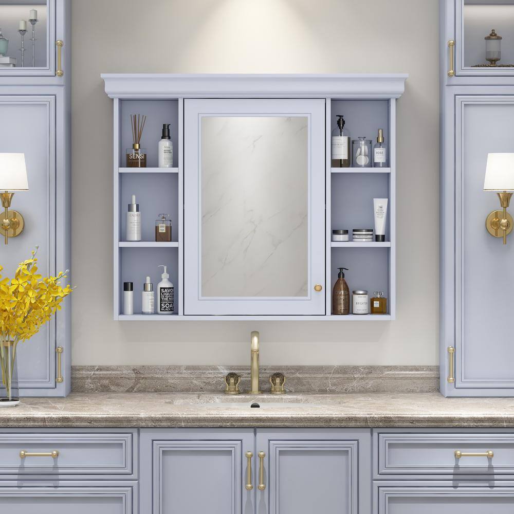 DELUXE DL LIVING 35 in. W x 28 in. H Rectangular Blue Wood Bathroom Medicine Cabinet with Mirror, Soft Close Door, Easy Hang, Open Shelf