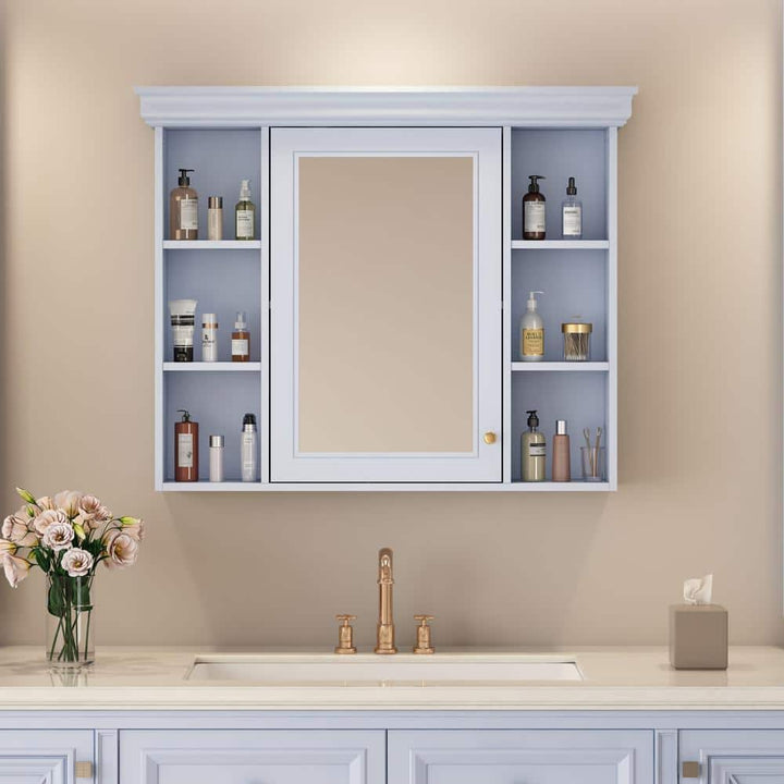DELUXE DL LIVING 35 in. W x 28 in. H Rectangular Blue Wood Bathroom Medicine Cabinet with Mirror, Soft Close Door, Easy Hang, Open Shelf