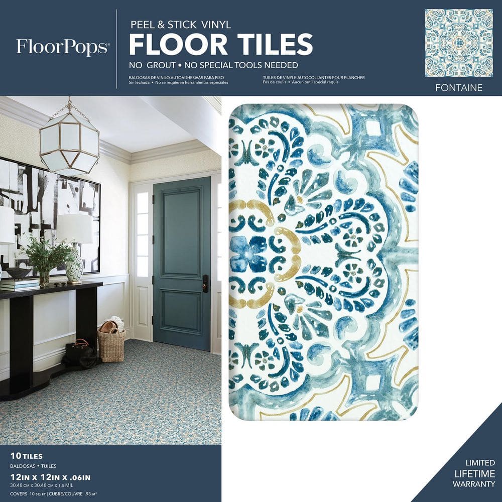 FloorPops Blue 2.76-mil x 12-in W x 12-in L Water Resistant Peel and Stick Vinyl Tile Flooring