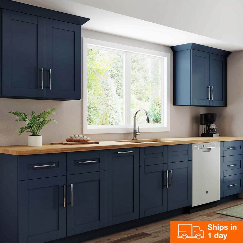 Contractor Express Cabinets Arlington Vessel Blue Plywood Shaker Stock Assembled Wall Corner Kitchen Cabinet Soft Close 24 in W x 12 in D x 30 in H
