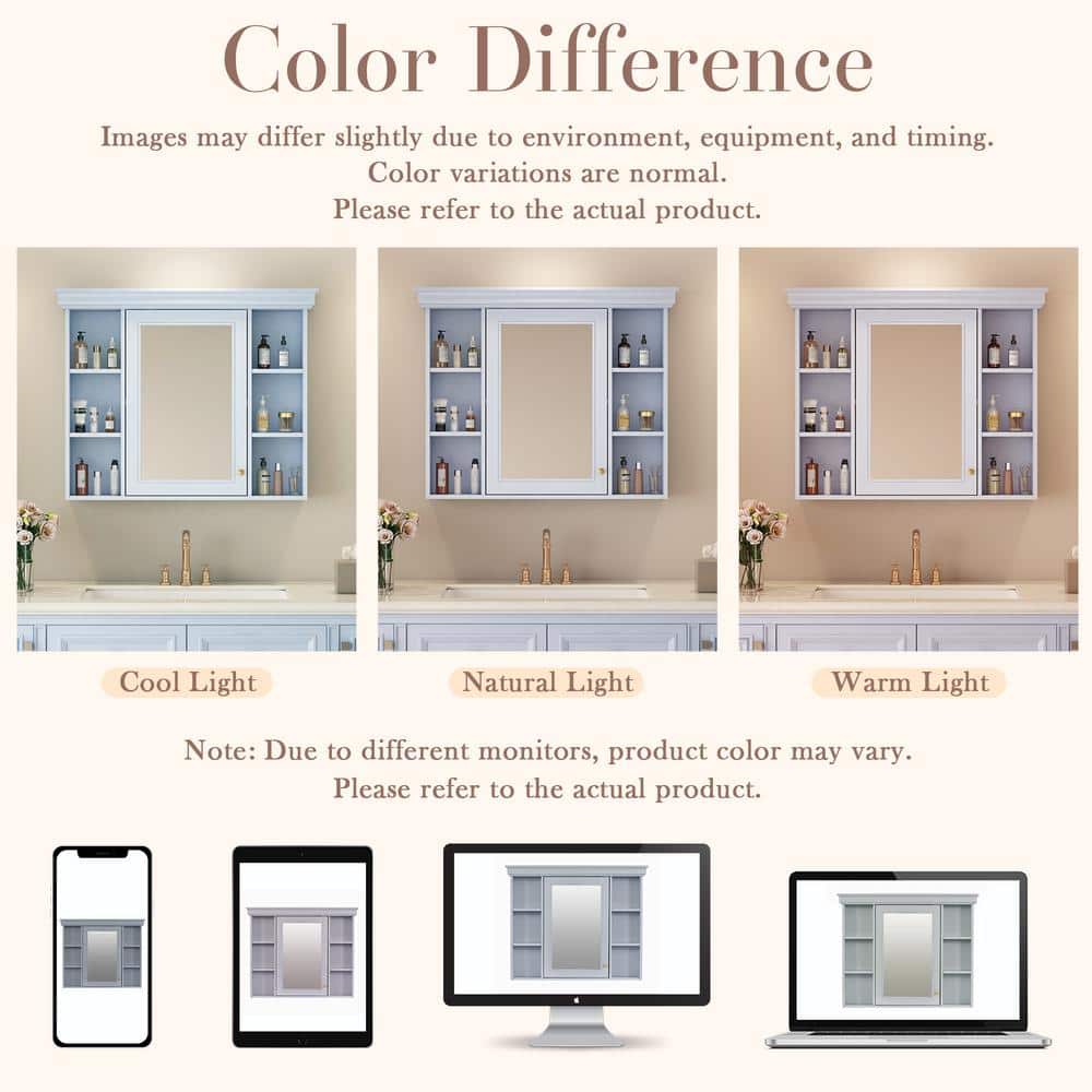 Zeus & Ruta 35 in. W x 28 in. H Rectangular Wood Medicine Cabinet with Mirror and 6 Open Shelves in Blue