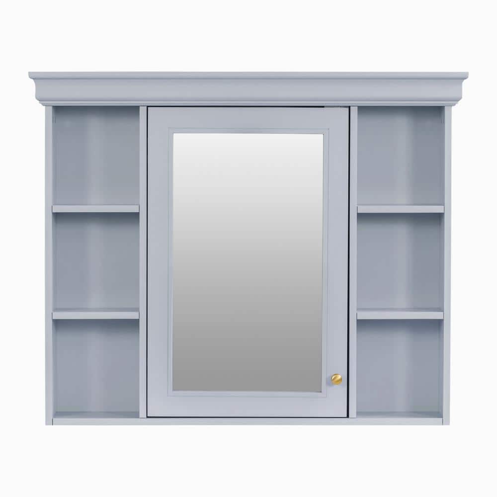 Zeus & Ruta 35 in. W x 28 in. H Rectangular Wood Medicine Cabinet with Mirror and 6 Open Shelves in Blue
