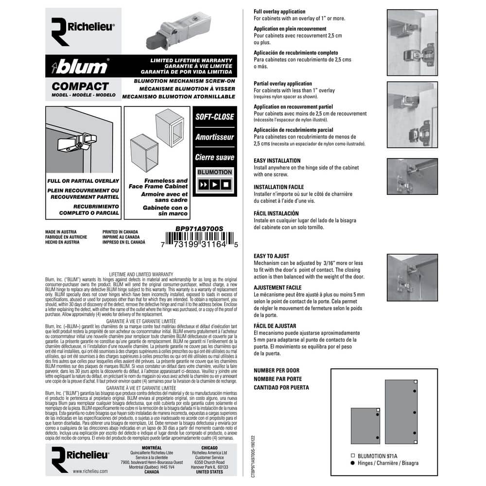 Blumotion Cabinet Door Dampener for Compact Hinges