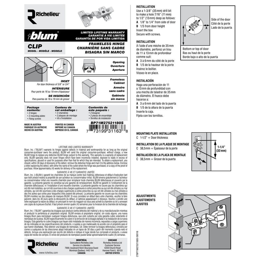 Blum CLIP 35 mm Full Inset Frameless Cabinet Hinges, Spring-Closing, Nickel (2-Pack)