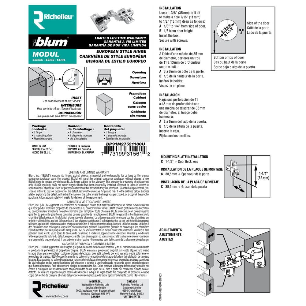 Blum MODUL 35 mm Frameless Full Inset Euro Cabinet Hinge, Spring-Closing
