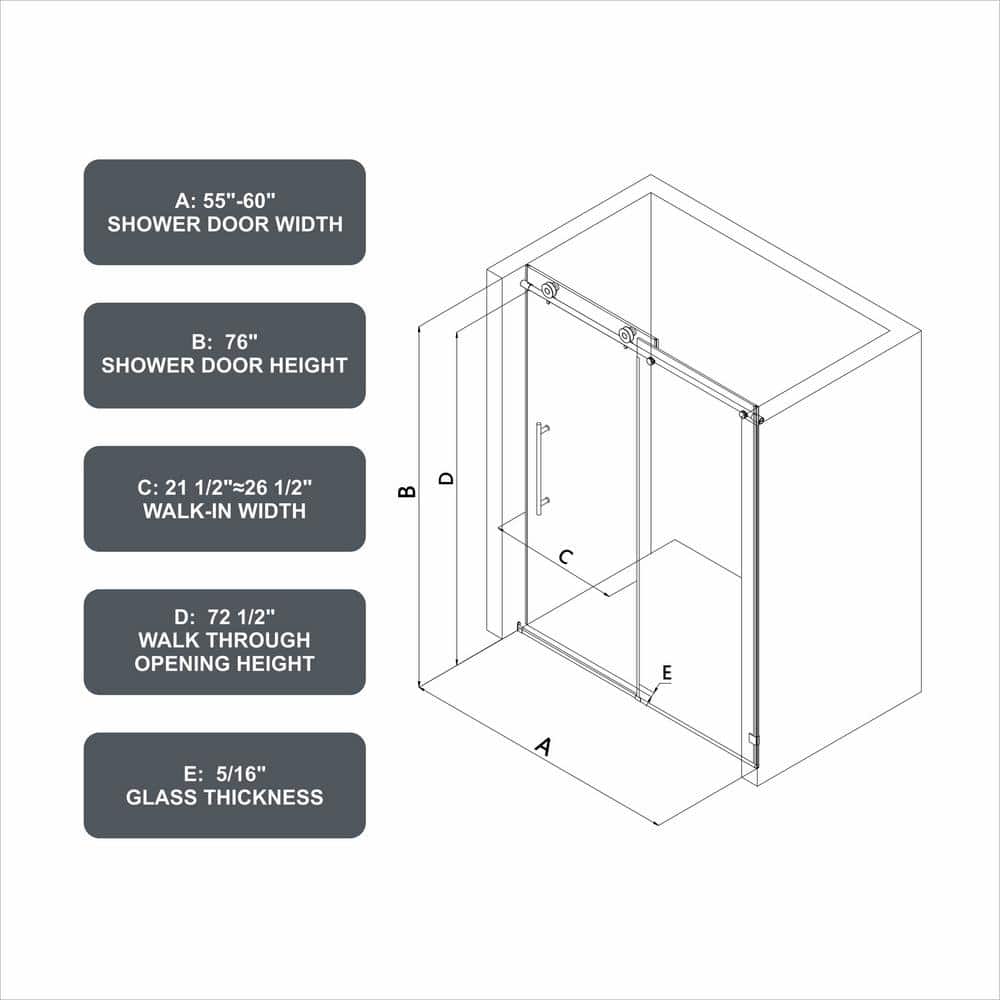 Boosicavelly Single Sliding Frameless Shower Door in Brushed Nickel Finish with Frosted Glass 60 in. W x 76 in. H