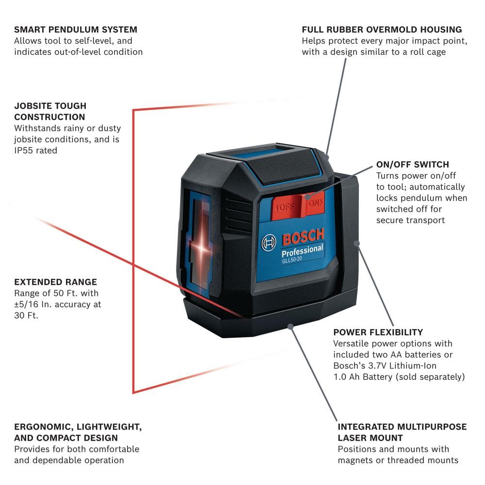 Bosch 50 ft. Dual Power Battery Red Beam Self-Leveling Cross-Line Laser Level