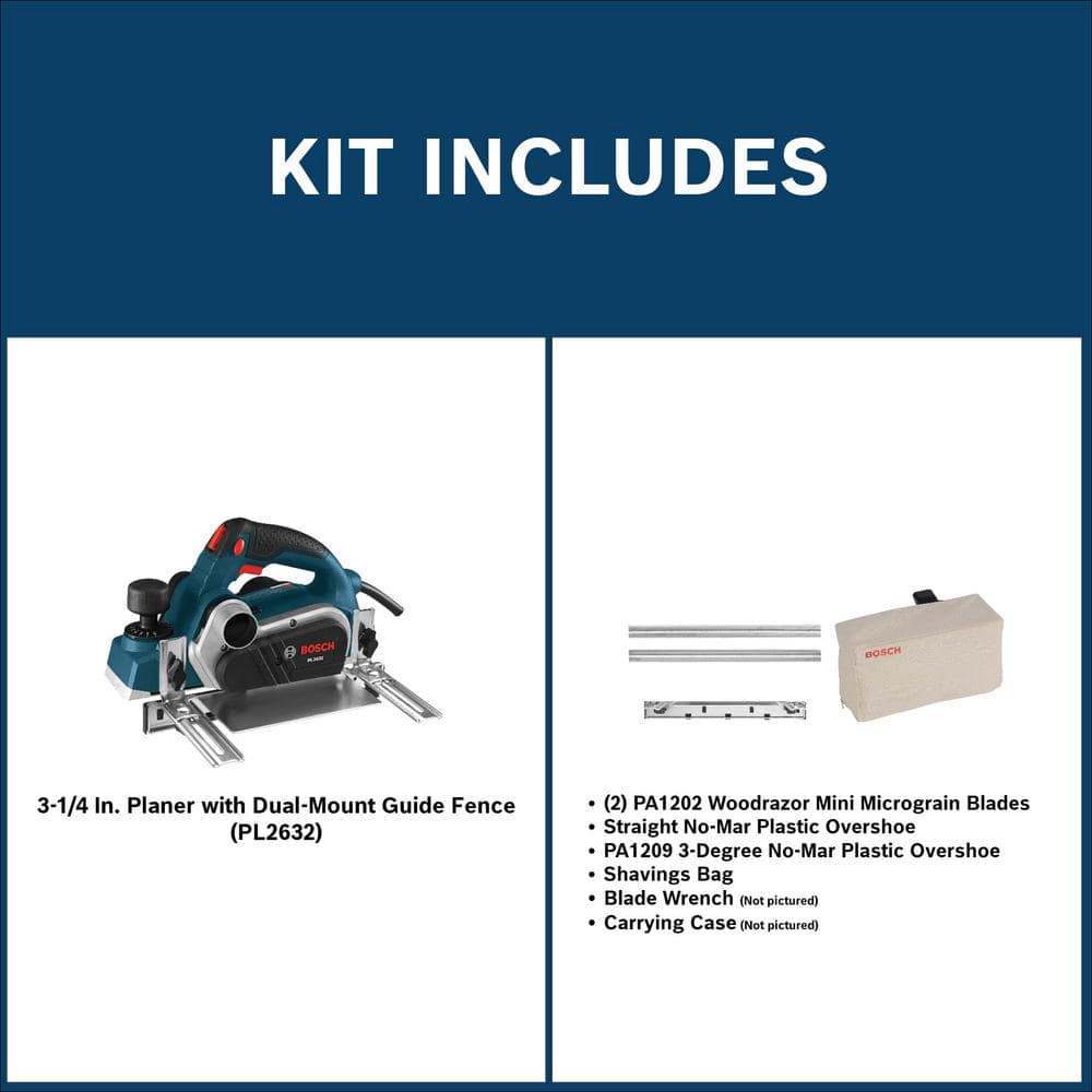 Bosch 6.5 Amp 3-1/4 in. Corded Planer Kit with 2 Reversible Woodrazor Micrograin Carbide Blades and Carrying Case