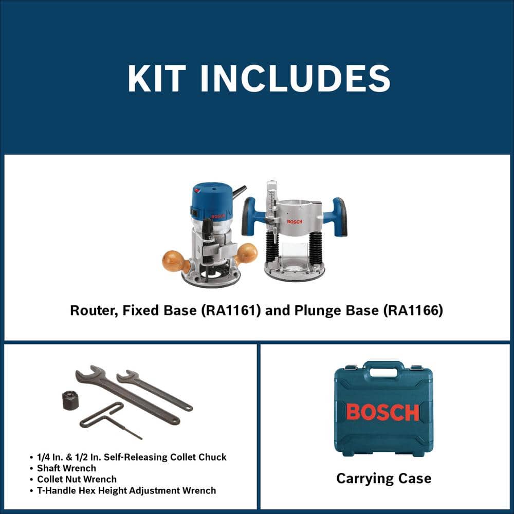 Bosch 12 Amp 2-1/4 in. Corded Variable-Speed Plunge and Fixed Base Router Kit with Hard Case, 1617EVSPK