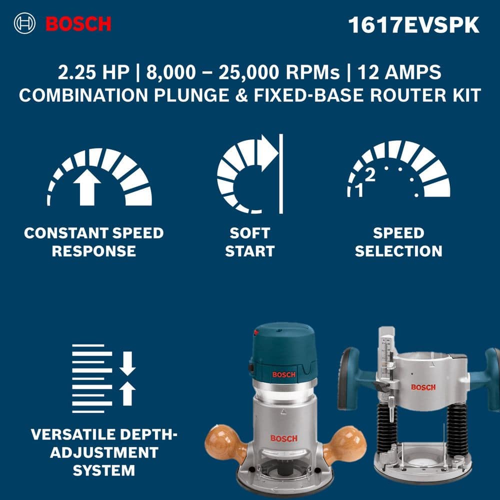 Bosch 12 Amp 2-1/4 in. Corded Variable-Speed Plunge and Fixed Base Router Kit with Hard Case, 1617EVSPK
