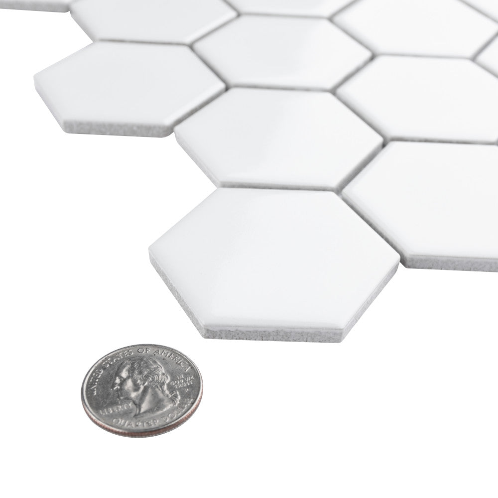Merola Tile Metro Hex 2" Glossy White Porcelain Mosaic, 11-1/8 in. x 12-5/8 in. Sheet (9.64 sq. ft. per Case)