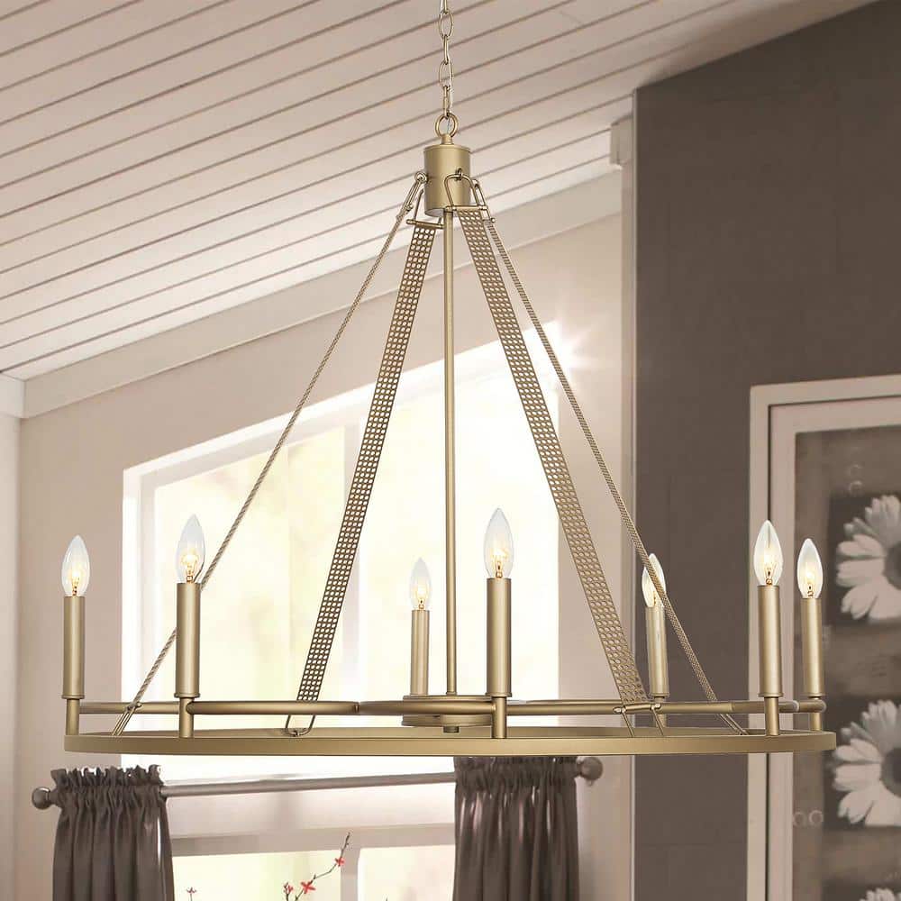 Vanity Art 8 -Light Wagon Wheel Candle Style Chandelier in Brass Dust