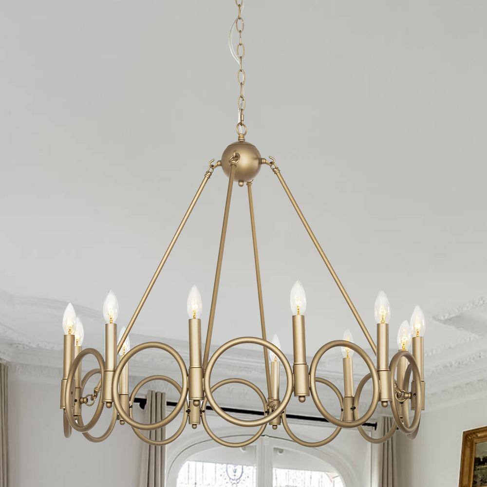 Vanity Art 12 -Light Wagon Wheel Candle Style Chandelier in Brass Dust