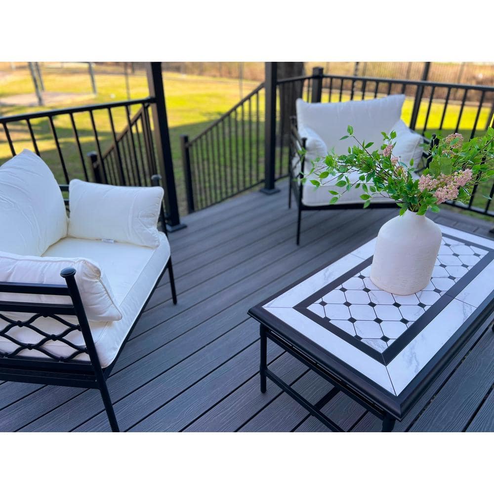 FORTRESS Apex Attached 12 ft. x 12 ft. Brazilian Teak PVC Deck Kit and 5-Step Stair Kit with Steel Framing and Aluminum Railing