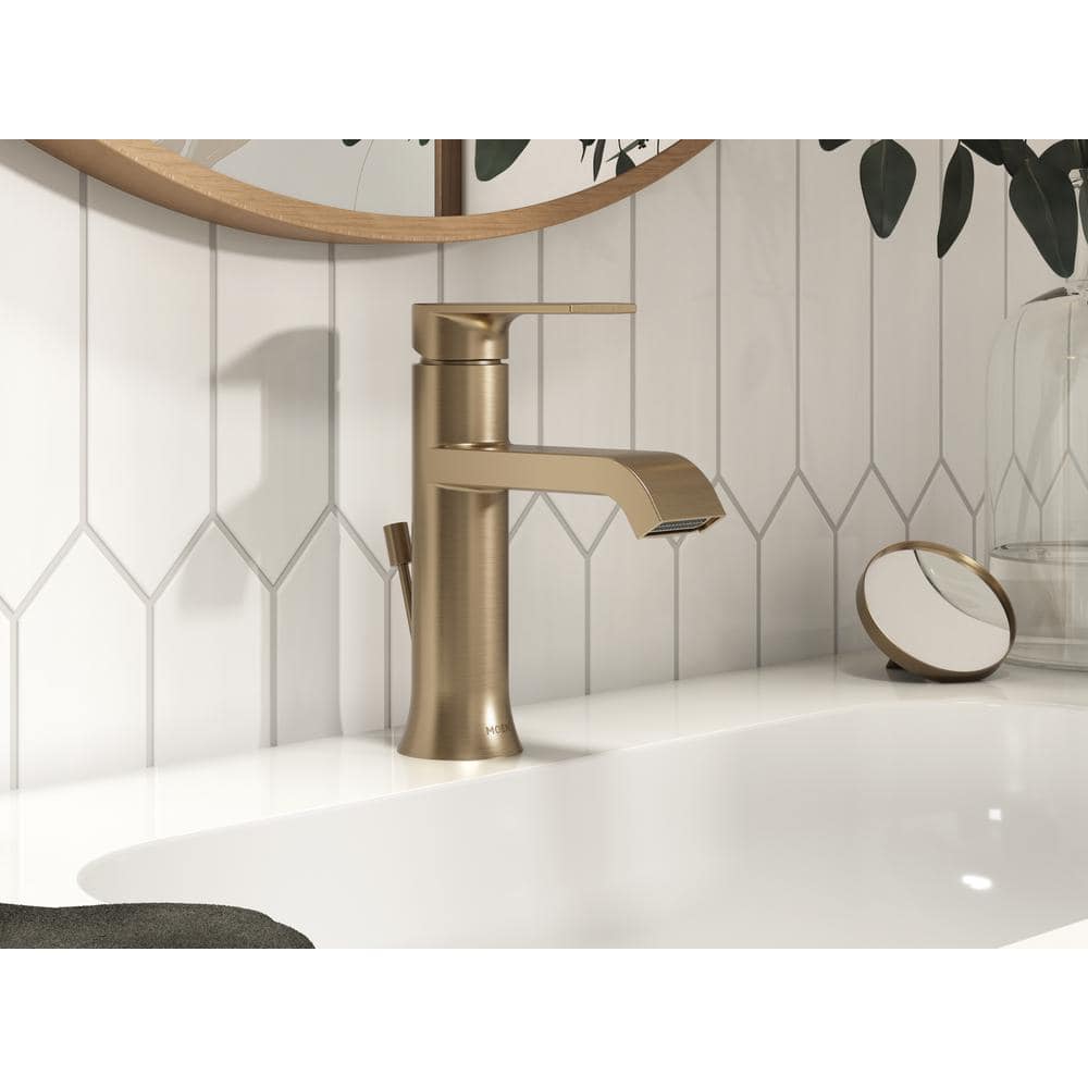 Moen Genta Single Hole Single Handle Bathroom Faucet in Bronzed Gold, with Drain Kit, 2-Pack