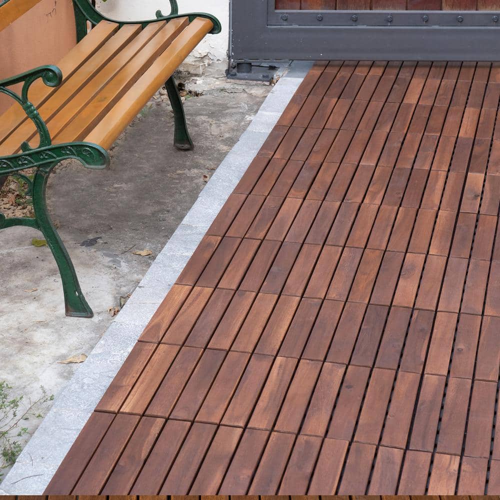GOGEXX 12 in. x 12 in. Brown Striped Pattern Acacia Wood Interlocking Flooring Deck Tiles Square Outdoor Patio Pack of 30 Tiles