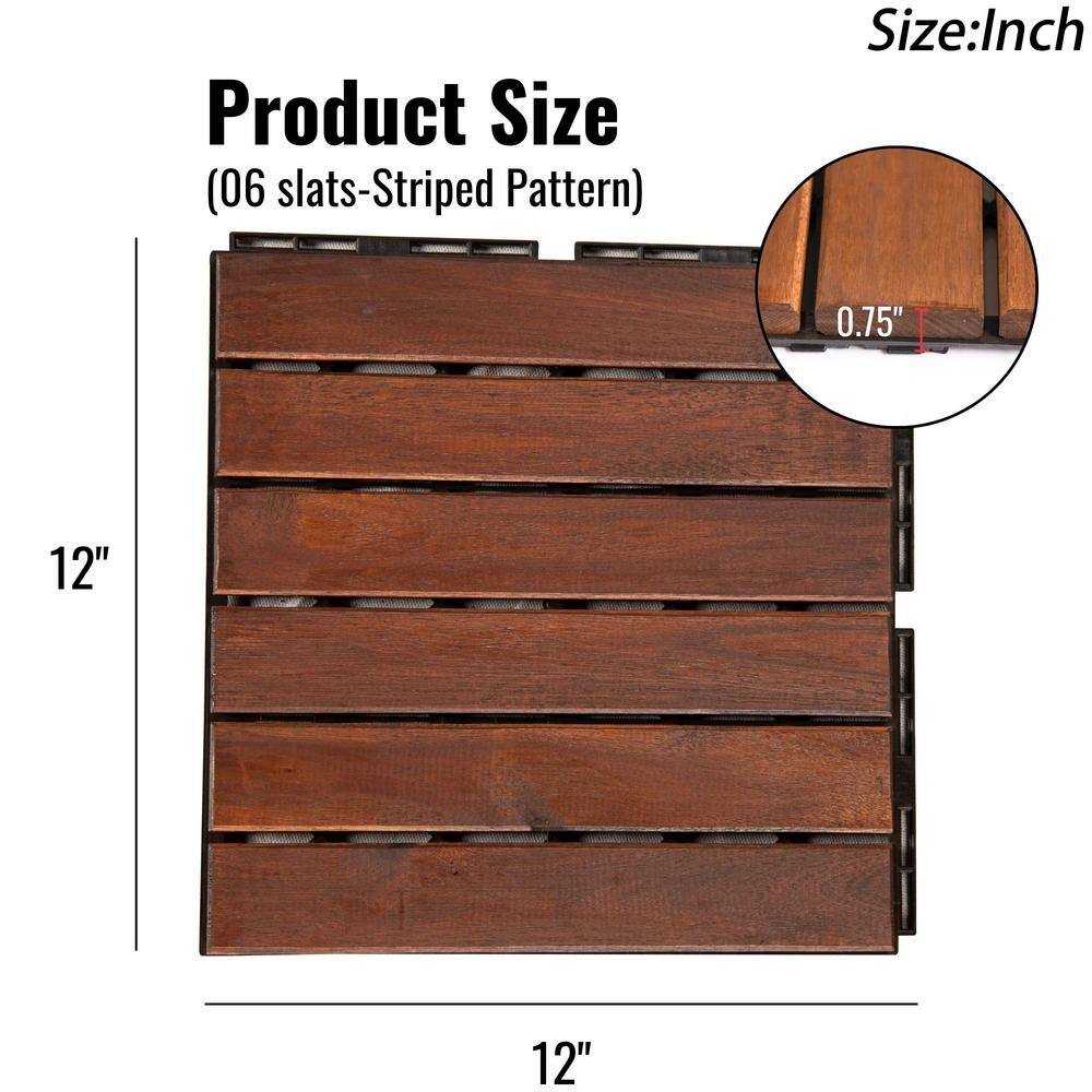GOGEXX 12 in. x 12 in. Brown Striped Pattern Acacia Wood Interlocking Flooring Deck Tiles Square Outdoor Patio Pack of 30 Tiles