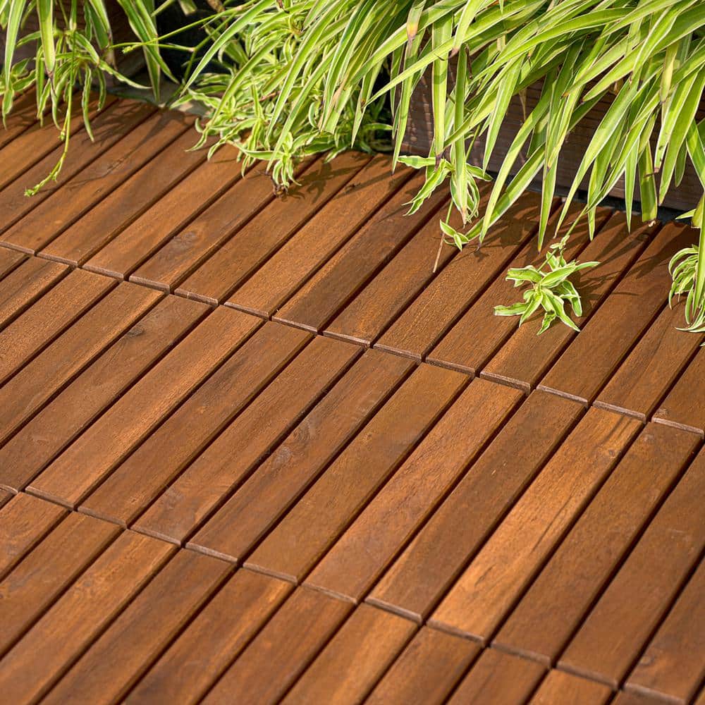 GOGEXX 12 in. x 12 in. Brown Striped Pattern Acacia Wood Interlocking Flooring Deck Tiles Square Outdoor Patio Pack of 30 Tiles