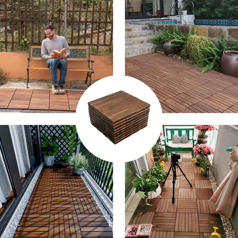 GOGEXX 12 in. x 12 in. Brown Striped Pattern Acacia Wood Interlocking Flooring Deck Tiles Square Outdoor Patio Pack of 30 Tiles