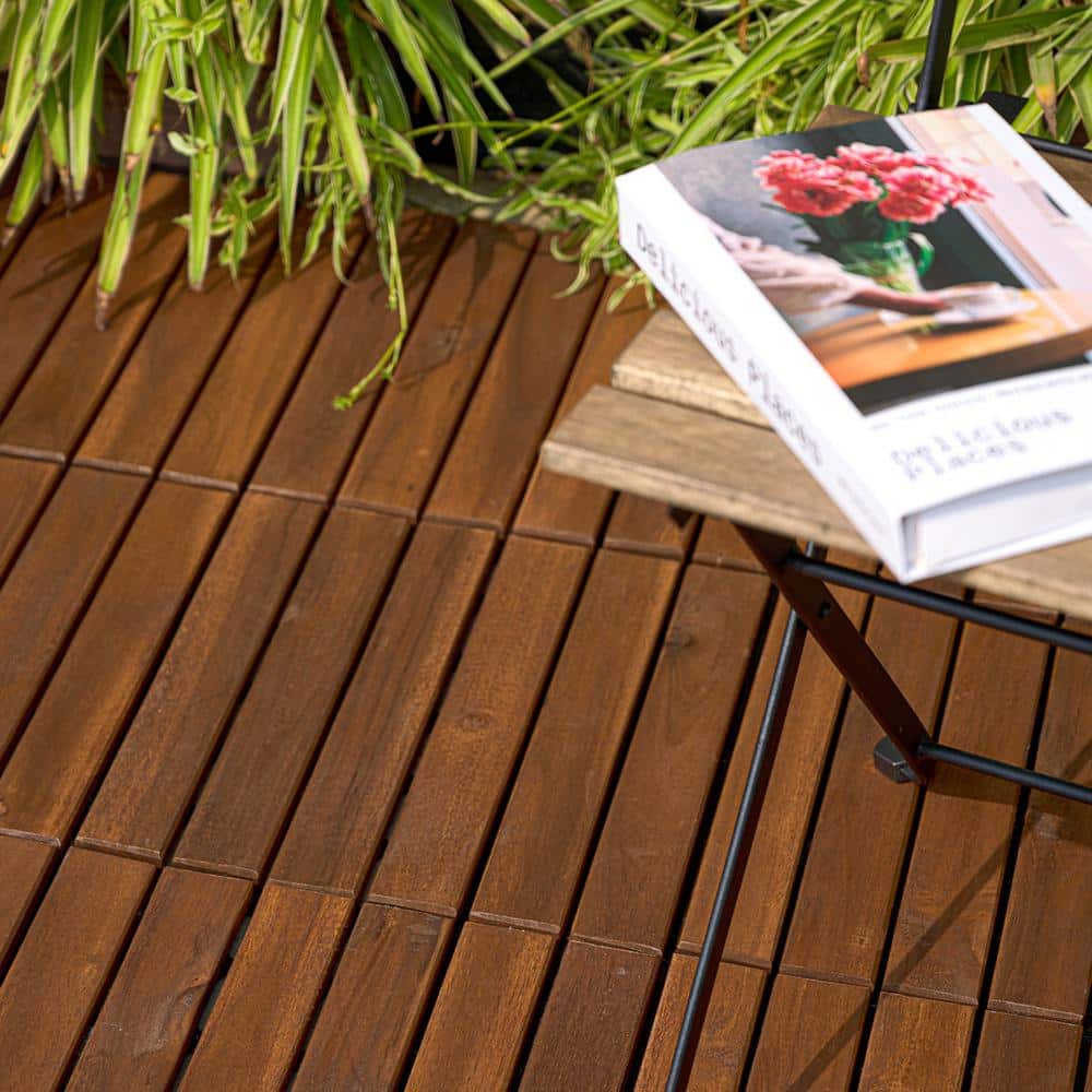 GOGEXX 12 in. x 12 in. Brown Striped Pattern Acacia Wood Interlocking Flooring Deck Tiles Square Outdoor Patio Pack of 30 Tiles