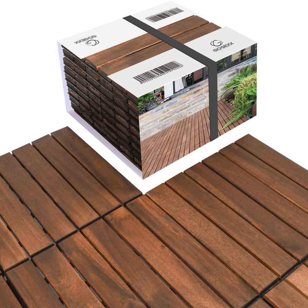 GOGEXX 12 in. x 12 in. Brown Striped Pattern Acacia Wood Interlocking Flooring Deck Tiles Square Outdoor Patio Pack of 30 Tiles