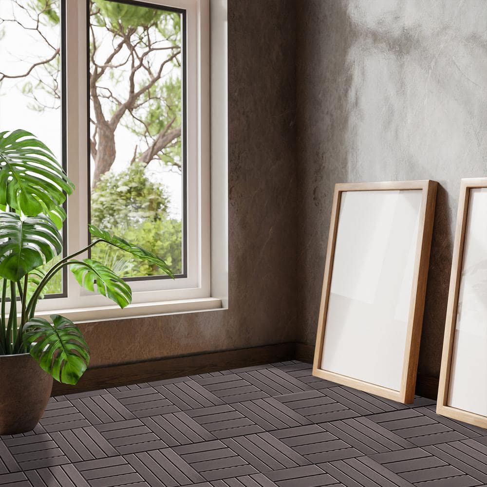 GOGEXX 12 in.W x 12 in.L Outdoor Patio Square Plastic PVC Interlocking Composite Flooring Deck Tiles (Pack of 36 Tiles)in Brown