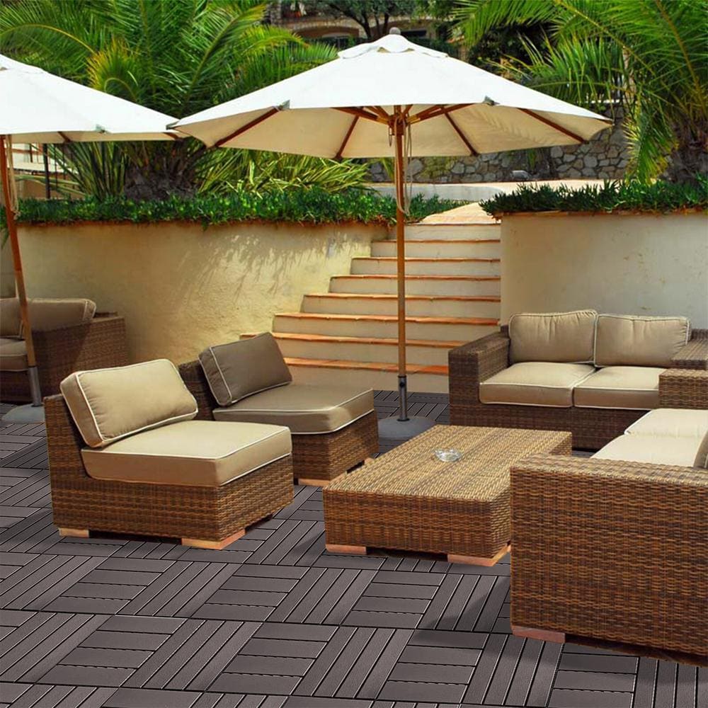 GOGEXX 12 in.W x 12 in.L Outdoor Patio Square Plastic PVC Interlocking Composite Flooring Deck Tiles (Pack of 36 Tiles)in Brown