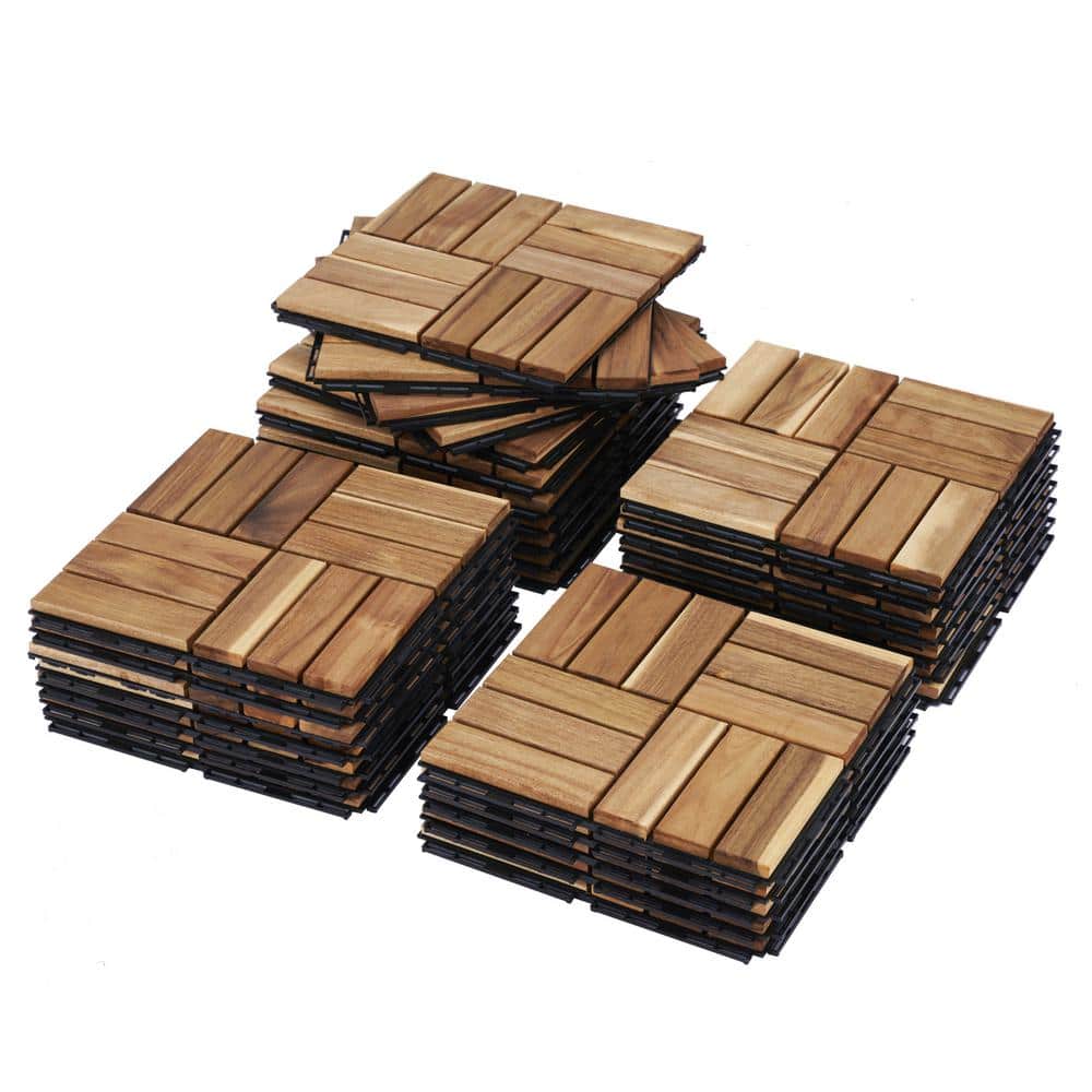 GOGEXX 12 in. x 12 in. Square Acacia Wood Interlocking Flooring Deck Tiles Checker Pattern Patio in Brown (Pack of 20 Tiles)
