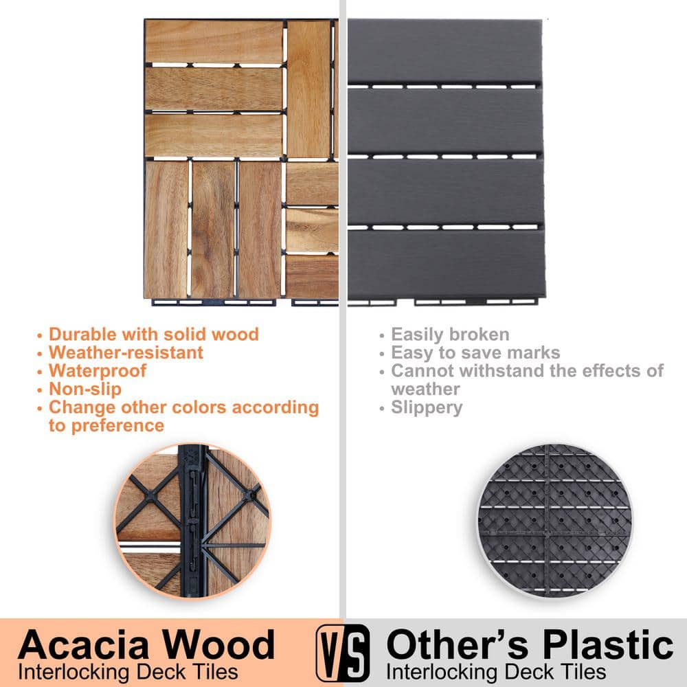GOGEXX 12 in. x 12 in. Square Acacia Wood Interlocking Flooring Deck Tiles Checker Pattern Patio in Brown (Pack of 20 Tiles)