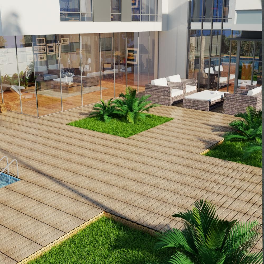 GOGEXX 11.8 in. W x 11.8 in. L Outdoor Striped Pattern WPC Composite Interlocking Flooring Deck Tiles (Set of 11) in Brown