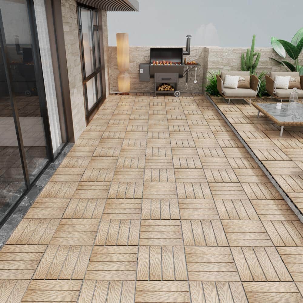 GOGEXX 11.8 in. W x 11.8 in. L Outdoor Striped Pattern WPC Composite Interlocking Flooring Deck Tiles (Set of 11) in Brown