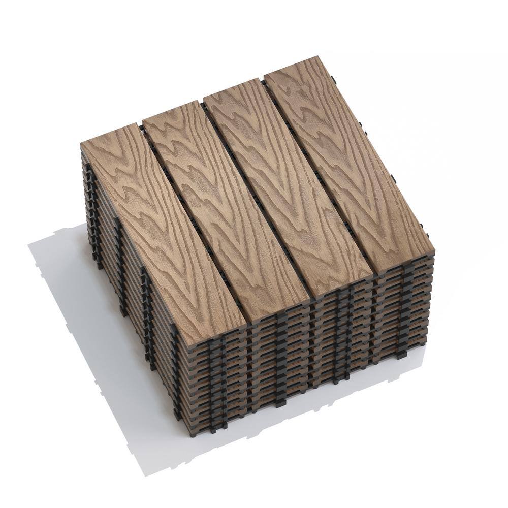 GOGEXX 11.8 in. W x 11.8 in. L Outdoor Striped Pattern WPC Composite Interlocking Flooring Deck Tiles (Set of 11) in Brown