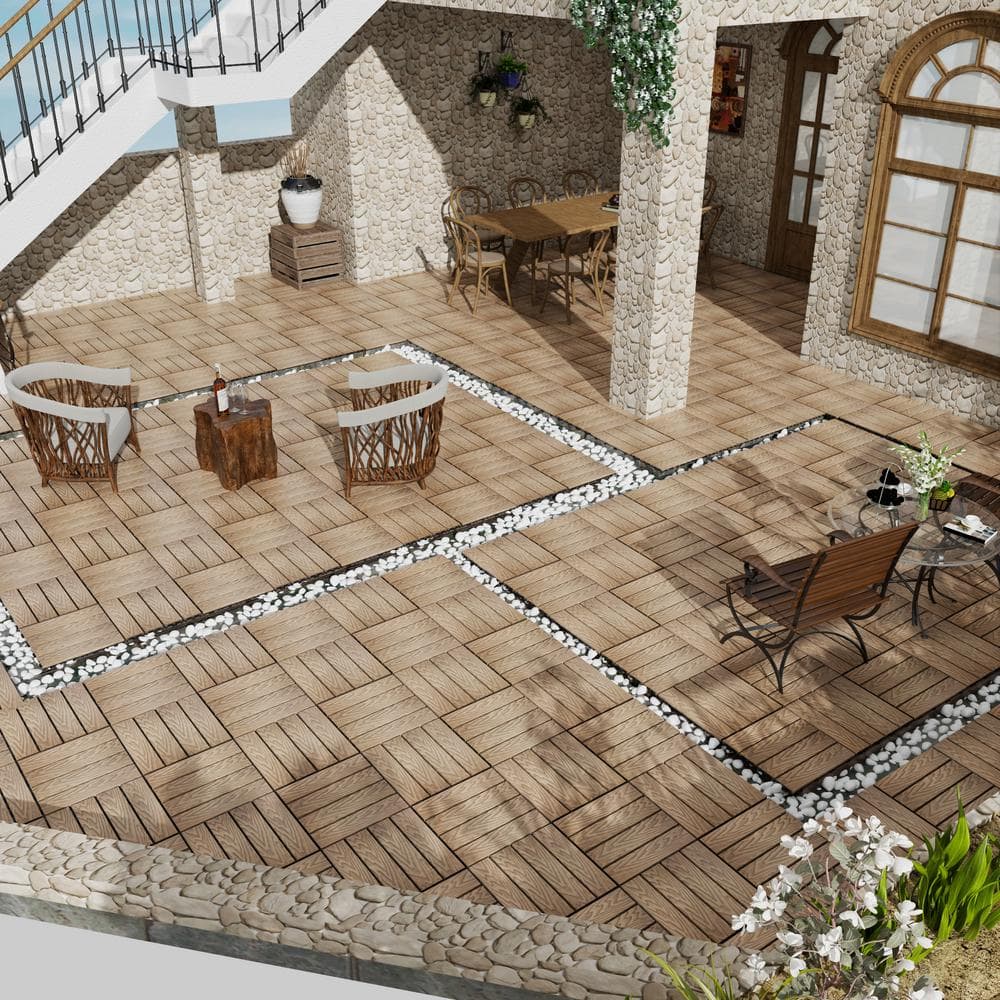 GOGEXX 11.8 in. W x 11.8 in. L Outdoor Striped Pattern WPC Composite Interlocking Flooring Deck Tiles (Set of 11) in Brown
