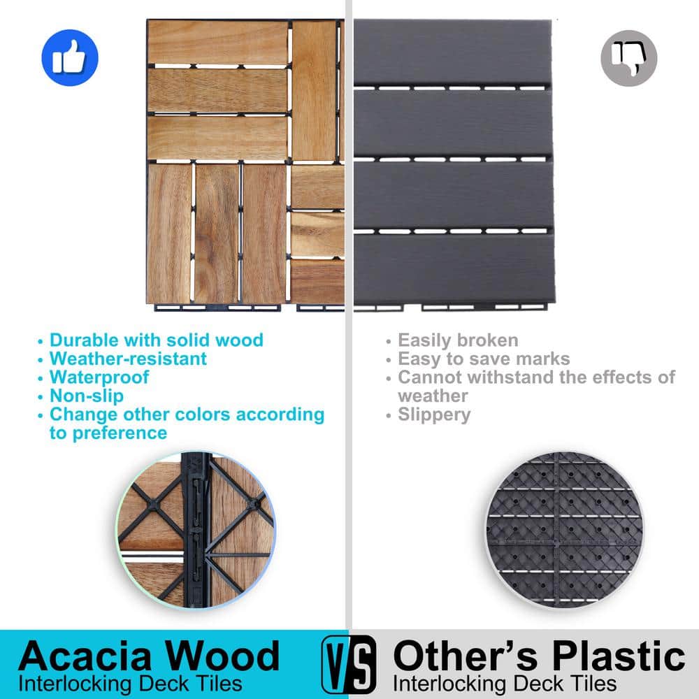 GOGEXX 12 in. x 12 in. Square Acacia Wood Interlocking Flooring Deck Tiles Checker Pattern For Patio Brown(Pack of 20 Tiles)