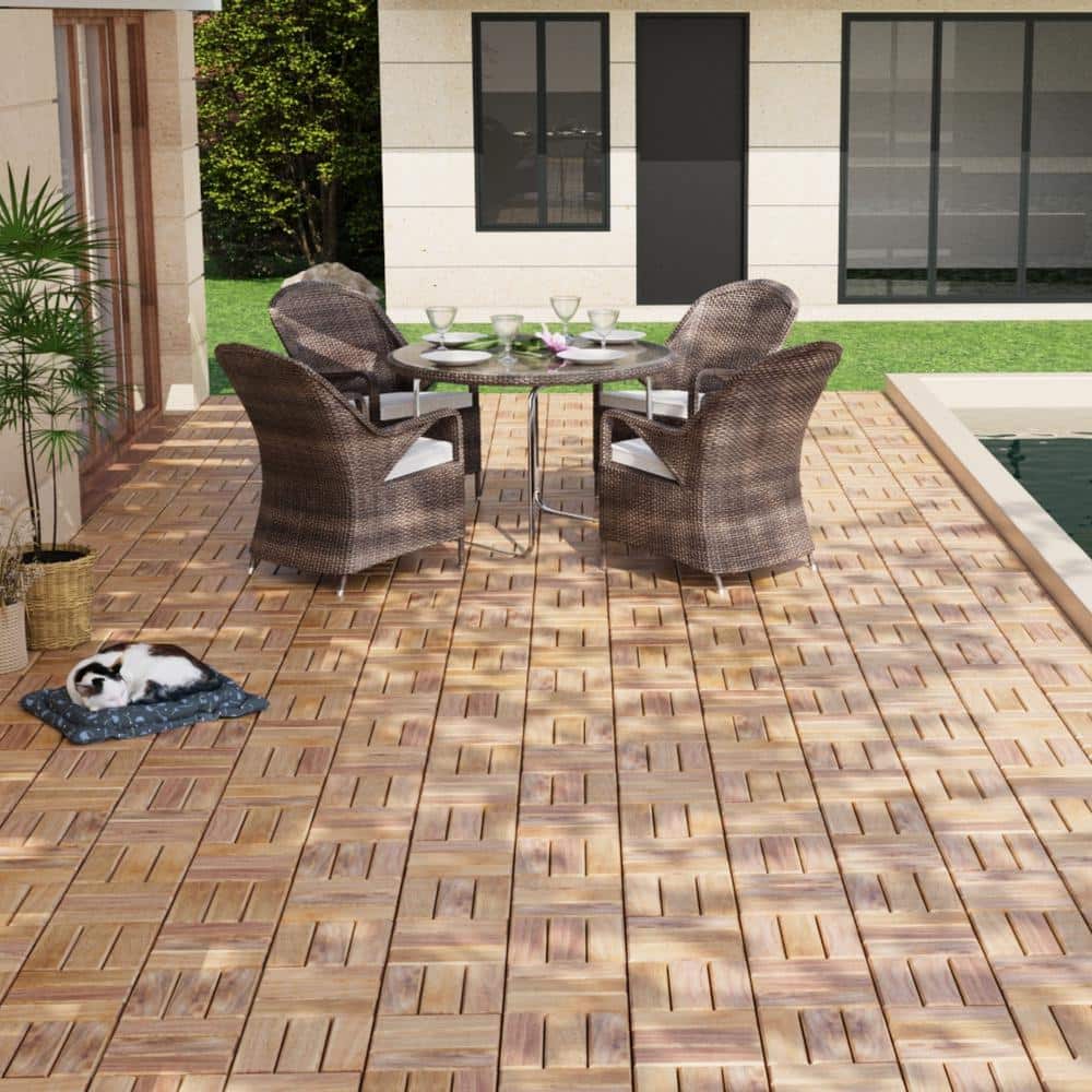 GOGEXX 12 in. x 12 in. Square Acacia Wood Interlocking Flooring Deck Tiles Checker Pattern For Patio Brown(Pack of 20 Tiles)
